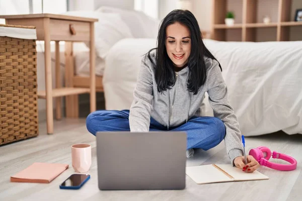 Young Caucasian Woman Student Writing Book Studying Floor Bedroom — Stockfoto