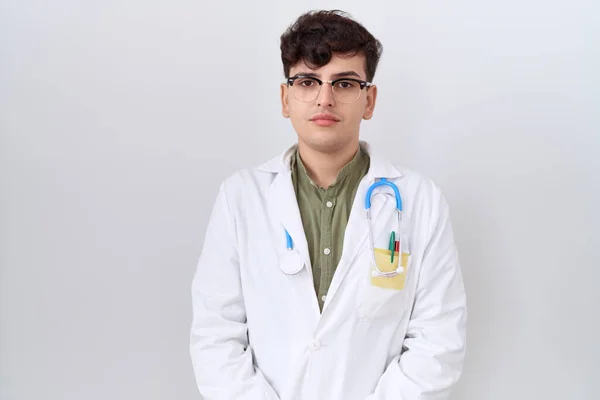 Młody Człowiek Nie Binarny Mundurze Lekarza Stetoskopie Zrelaksowany Poważnym Wyrazem — Zdjęcie stockowe