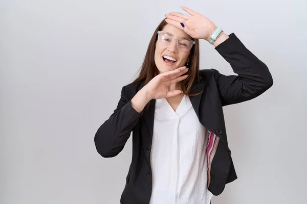 Beautiful Brunette Woman Wearing Business Jacket Glasses Smiling Cheerful Playing — Stock Photo, Image