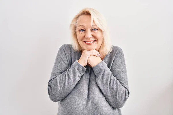Middle Age Caucasian Woman Standing White Background Laughing Nervous Excited — Stock Photo, Image