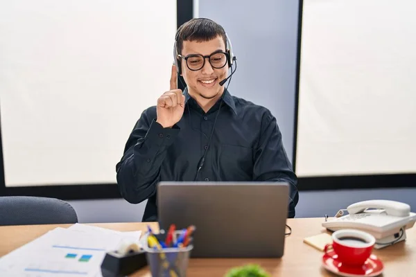 Young Arab Man Wearing Call Center Agent Headset Smiling Idea — Stock Photo, Image
