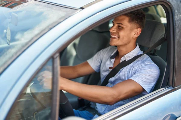 Young Hispanic Man Smiling Confident Driving Car Street — Stock Photo, Image