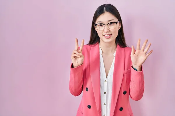 Chinese Business Young Woman Wearing Glasses Showing Pointing Fingers Number — Stock Photo, Image