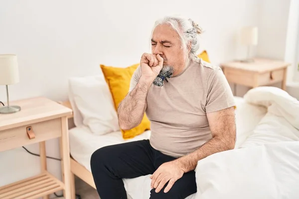 Middle Age Grey Haired Man Sitting Bed Coughing Bedroom — Stock Photo, Image