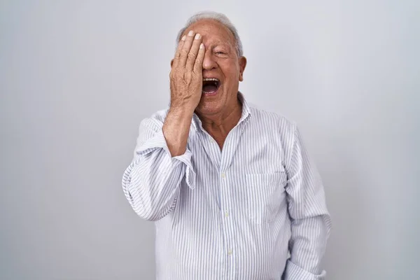 Senior Man Grey Hair Standing Isolated Background Covering One Eye — Zdjęcie stockowe