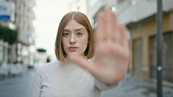 Young Blonde Woman Doing Stop Gesture Hand Street — Foto de Stock