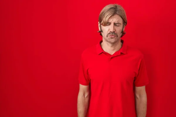 Caucasian Man Mustache Standing Red Background Depressed Worry Distress Crying — Stock Photo, Image