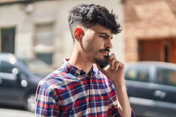 Young Hispanic Man Talking Smartphone Street — 스톡 사진