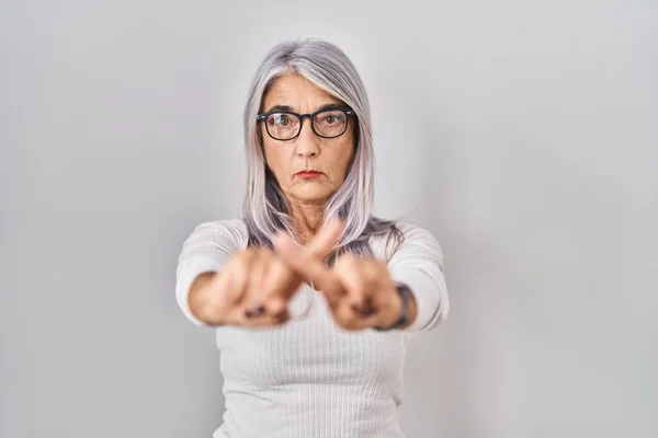 Middle Age Woman Grey Hair Standing White Background Rejection Expression — Stock Photo, Image