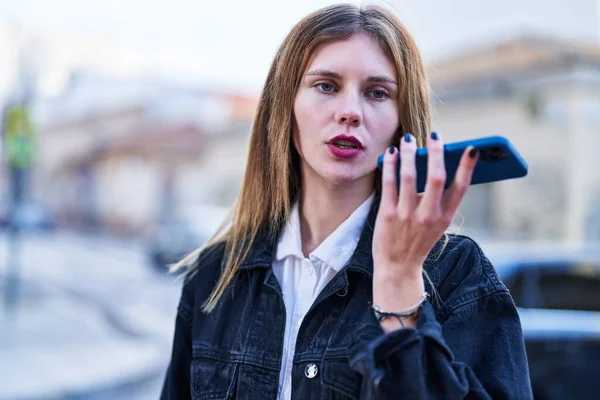 Young Blonde Woman Sending Voice Message Smartphone Street — Stok fotoğraf