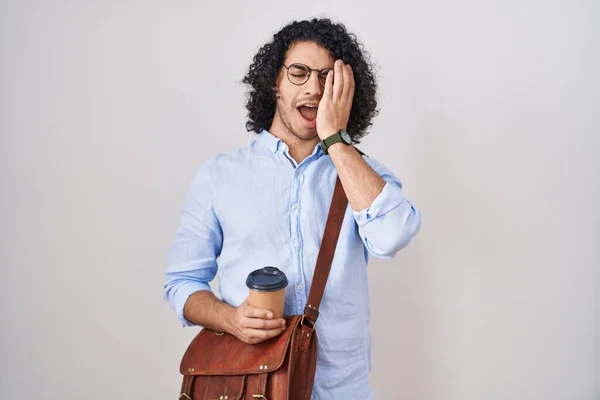 Hispanic Man Curly Hair Drinking Cup Take Away Coffee Yawning — Stock Photo, Image