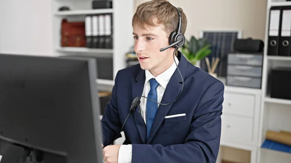 Young Caucasian Man Business Worker Having Video Call Office — Foto Stock