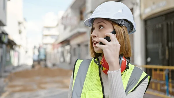 Young Blonde Woman Architect Talking Smartphone Street — Stock Photo, Image