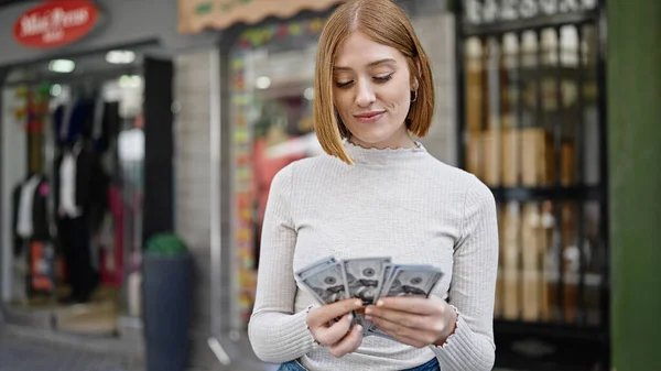 Young Blonde Woman Smiling Confident Counting Dollars Street — Stock Photo, Image
