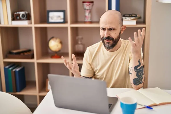 Young Bald Man Having Video Call Sitting Table Home — Stock Fotó
