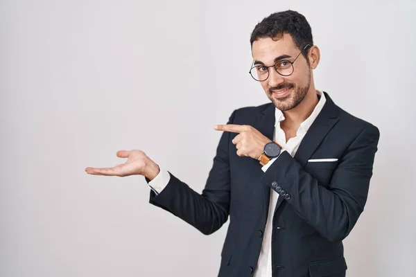 Handsome Business Hispanic Man Standing White Background Amazed Smiling Camera — Stock Photo, Image
