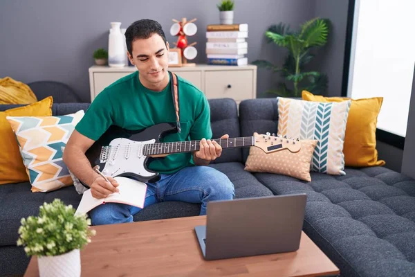 Young Hispanic Man Having Online Electrical Guitar Class Sitting Sofa — Fotografia de Stock