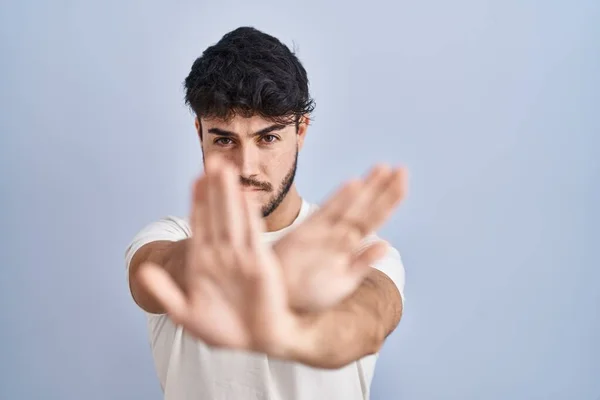 Hispanic Man Beard Standing White Background Rejection Expression Crossing Arms — Zdjęcie stockowe