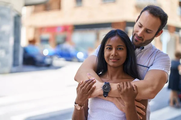 Man Woman Interracial Couple Hugging Each Other Street —  Fotos de Stock