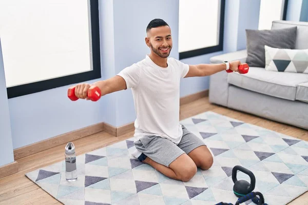 African American Man Smiling Confident Using Dumbbells Training Home — Stok fotoğraf