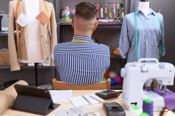 Hispanic Man Beard Dressmaker Designer Working Atelier Standing Backwards Looking — Stock Photo, Image
