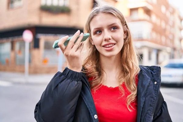 Young Blonde Woman Smiling Confident Listening Audio Message Smartphone Street — Stockfoto