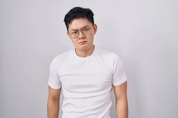Young Asian Man Standing White Background Depressed Worry Distress Crying — Stock Photo, Image