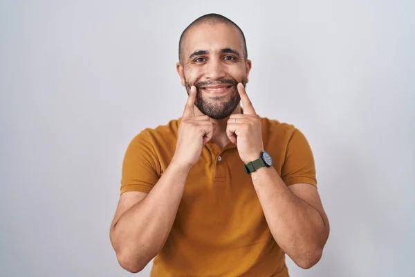 Hispanic Man Beard Standing White Background Smiling Open Mouth Fingers — стоковое фото