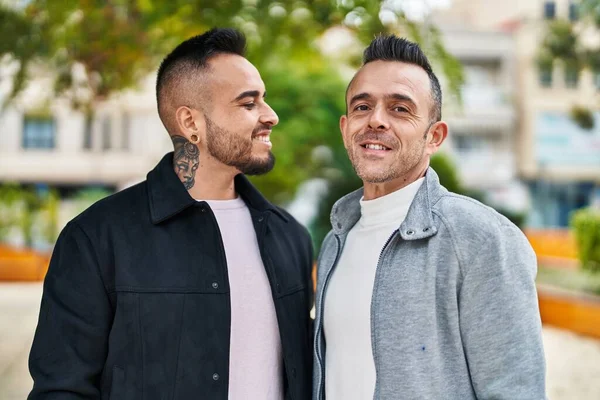 Two Men Couple Smiling Confident Standing Together Park — Stock Fotó