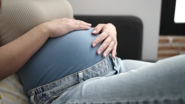 Young Pregnant Woman Touching Belly Sitting Sofa Home — Video