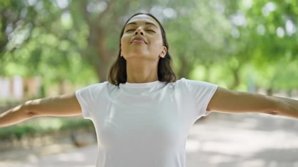 Mujer Afroamericana Estirando Brazos Respirando Parque — Vídeo de stock
