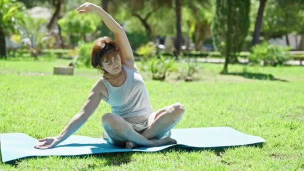 Orta Yaşlı Bir Kadın Parkta Yoga Minderi Eğitimi Alıyor — Stok video