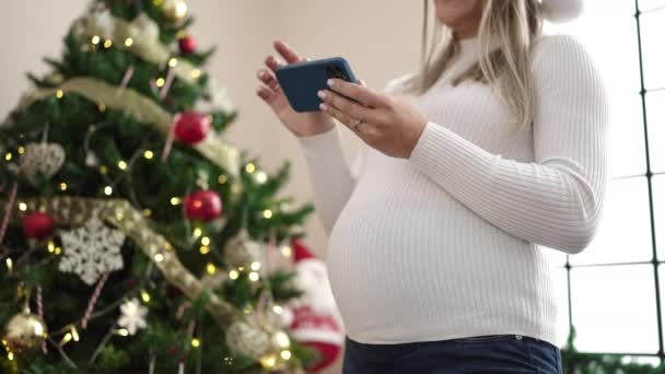 Jeune Femme Enceinte Utilisant Smartphone Célébrant Noël Maison — Video