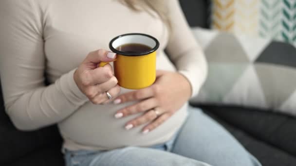 Young Pregnant Woman Drinking Coffee Touching Belly Home — Video