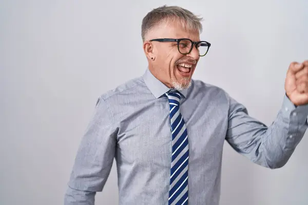 Hispanic Business Man Grey Hair Wearing Glasses Dancing Happy Cheerful — Stock Photo, Image