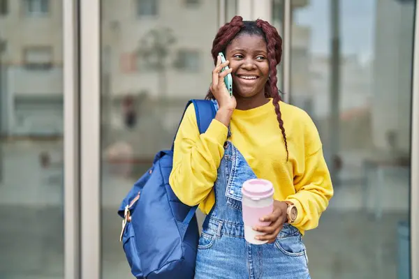 African American Woman Student Talking Smartphone Drinking Coffee University — Stockfoto