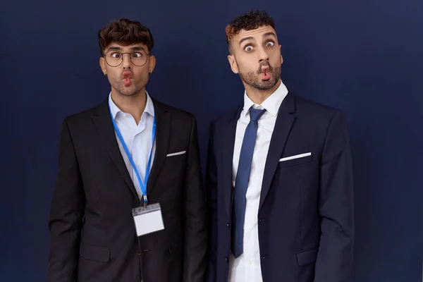 Two Hispanic Business Men Wearing Business Clothes Making Fish Face — Stock Photo, Image