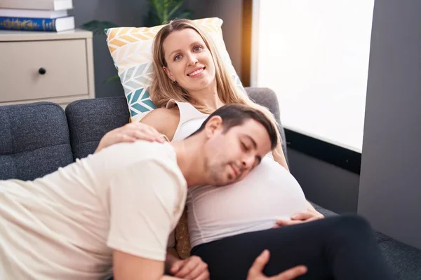 Man Woman Couple Listening Baby Sound Sitting Sofa Home — Stock Photo, Image