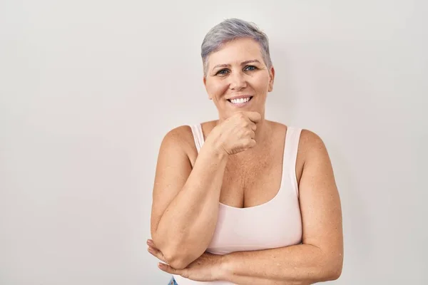 Middle Age Caucasian Woman Standing White Background Looking Confident Camera — Stock Photo, Image