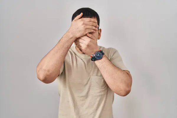 Young Arab Man Wearing Casual Shirt Covering Eyes Mouth Hands — Stock Photo, Image