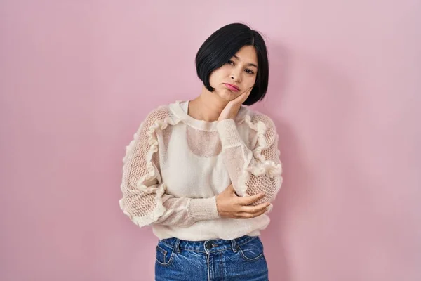 Young Asian Woman Standing Pink Background Thinking Looking Tired Bored — 스톡 사진