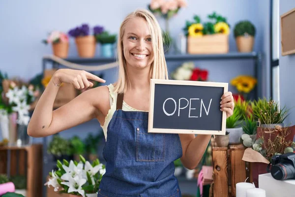 Young Caucasian Woman Working Florist Open Sign Pointing Finger One — Stock Photo, Image
