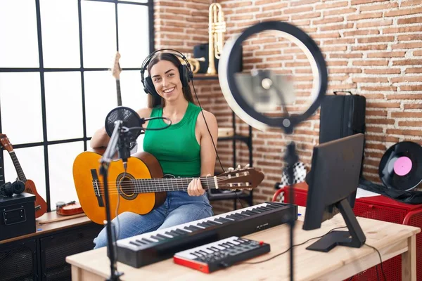 Young Hispanic Woman Musician Recording Classical Guitar Lesson Smartphone Music — Foto Stock