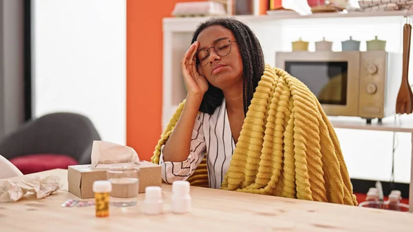 African American Woman Being Sick Sneezing Dinning Room — Stock Photo, Image