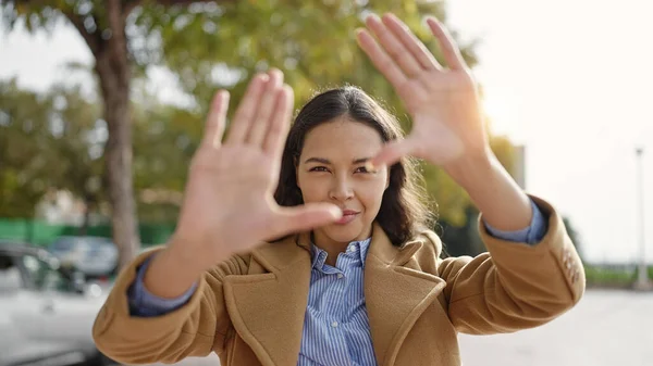 Young Beautiful Hispanic Woman Smiling Confident Doing Frame Gesture Hands — Stock Photo, Image