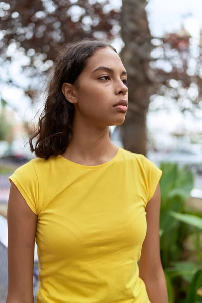 Young African American Woman Looking Side Serious Expression Park — Stock Photo, Image