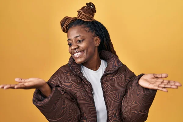 African Woman Braided Hair Standing Yellow Background Smiling Showing Both — Stock Photo, Image