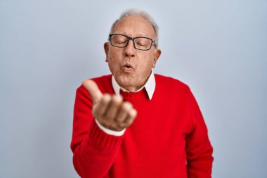 Senior man with grey hair standing over isolated background looking at the camera blowing a kiss with hand on air being lovely and sexy. love expression. 