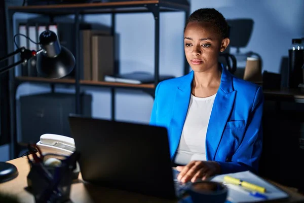 Beautiful African American Woman Working Office Night Relaxed Serious Expression — Stock Photo, Image
