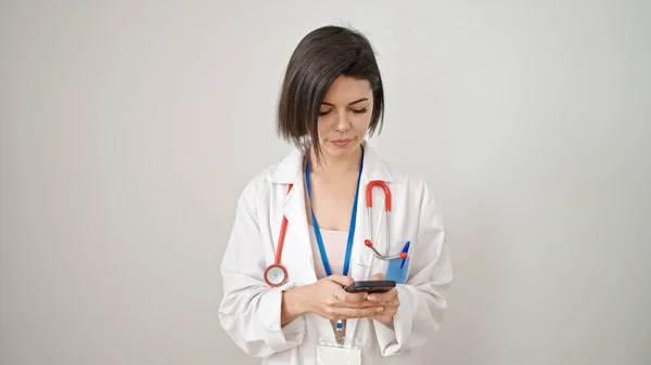 Young Caucasian Woman Doctor Confident Using Smartphone Isolated White Background — Stock Photo, Image